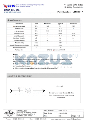 LBN11517 datasheet - 115MHz SAW Filter 19.4MHz Bandwidth