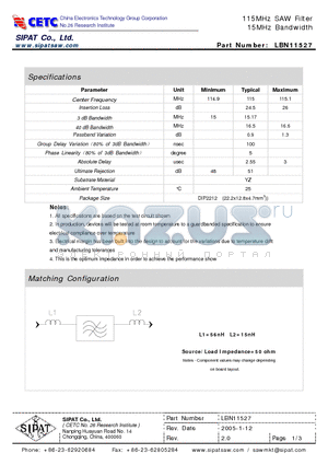 LBN11527 datasheet - 115MHz SAW Filter 15MHz Bandwidth