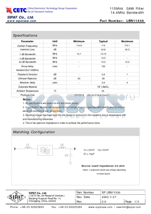 LBN11530 datasheet - 115MHz SAW Filter 14.4MHz Bandwidth