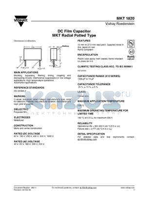 MKT1820-410/405-W datasheet - DC Film Capacitor MKT Radial Potted Type