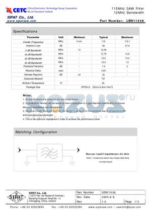 LBN11538 datasheet - 115MHz SAW Filter 12MHz Bandwidth
