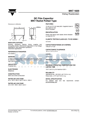 MKT1820-422/635-V datasheet - DC Film Capacitor MKT Radial Potted Type