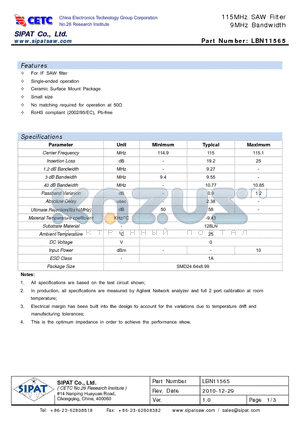 LBN11565 datasheet - 115MHz SAW Filter 9MHz Bandwidth