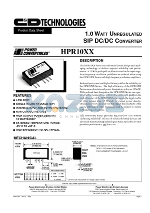 HPR1001 datasheet - 1.0 WATT UNREGULATED SIP DC/DC CONVERTER