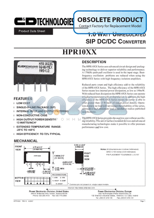 HPR1001 datasheet - 1.0 WATT UNREGULATED SIP DC/DC CONVERTER