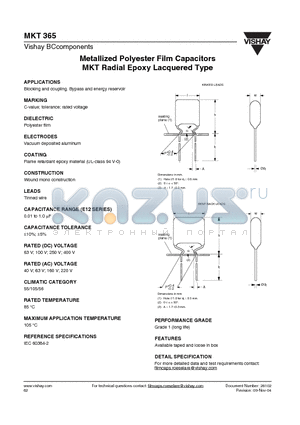 MKT365 datasheet - Metallized Polyester Film Capacitors MKT Radial Epoxy Lacquered Type