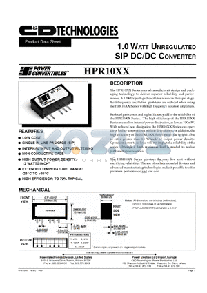 HPR1004 datasheet - 1.0 WATT UNREGULATED SIP DC/DC CONVERTER