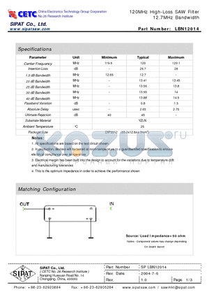 LBN12014 datasheet - 120MHz High-Loss SAW Filter 12.7MHz Bandwidth