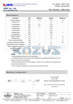 LBN12205 datasheet - 121.8MHz SAW Filter 25MHz Bandwidth