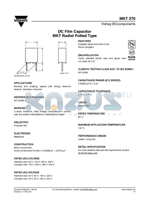 MKT370 datasheet - DC Film Capacitor MKT Radial Potted Type