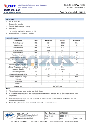 LBN13811 datasheet - 138.24MHz SAW Filter 25MHz Bandwidth