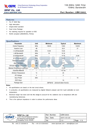 LBN13902 datasheet - 138.8MHz SAW Filter 15MHz Bandwidth