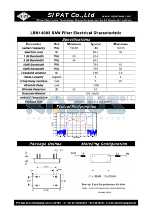 LBN14003 datasheet - SAW Filter Electrical Characteristic