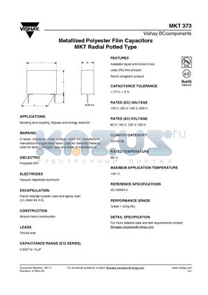 MKT373 datasheet - Metallized Polyester Film Capacitors MKT Radial Potted Type