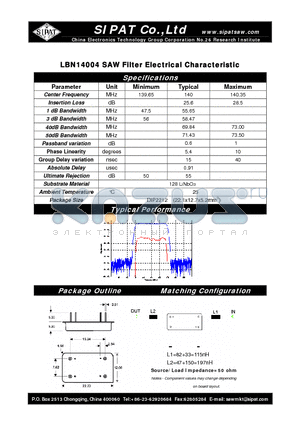 LBN14004 datasheet - SAW Filter Electrical Characteristic