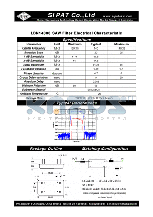 LBN14006 datasheet - SAW Filter Electrical Characteristic