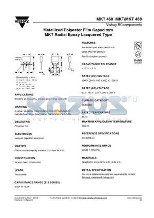 MKT468 datasheet - Metallized Polyester Film Capacitors MKT Radial Epoxy Lacquered Type