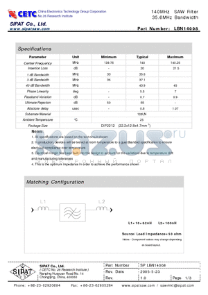 LBN14008 datasheet - 140MHz SAW Filter 35.6MHz Bandwidth