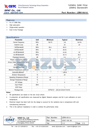 LBN14010 datasheet - 140MHz SAW Filter 28MHz Bandwidth