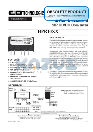 HPR1010 datasheet - 1.0 WATT UNREGULATED SIP DC/DC CONVERTER