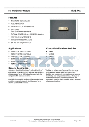 MKT5 datasheet - FM Transmitter Module