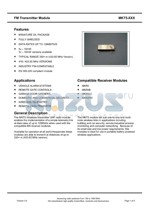MKT5-434-3HP datasheet - FM Transmitter Module