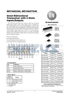 MC74AC245DWR2 datasheet - OCTAL BIDIRECTIONAL TRANSCEIVER WITH 3-STATE INPUTS/OUTPUTS