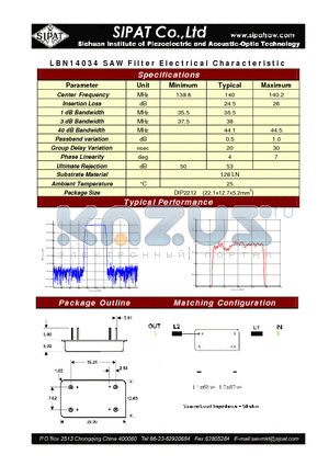 LBN14034 datasheet - SAW Filter Electrical Characteristic