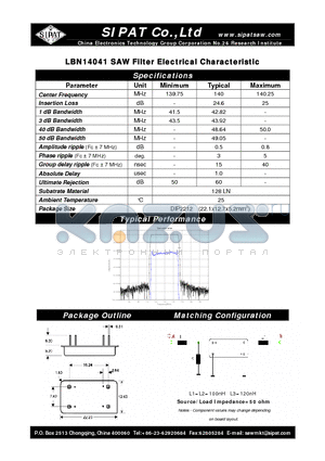 LBN14041 datasheet - SAW Filter Electrical Characteristic