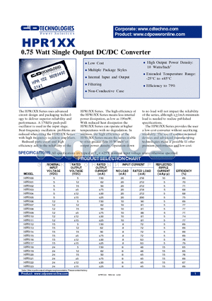 HPR102 datasheet - 0.75 Watt Single Output DC/DC Converter