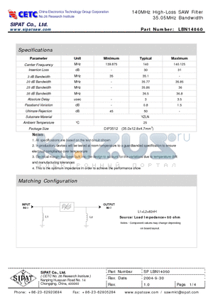 LBN14060 datasheet - 140MHz High-Loss SAW Filter 35.05MHz Bandwidth