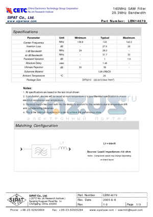 LBN14070 datasheet - 140MHz SAW Filter 29.3MHz Bandwidth