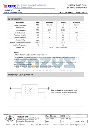 LBN14073 datasheet - 140MHz SAW Filter 24.1MHz Bandwidth