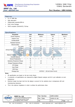 LBN140A08 datasheet - 140MHz SAW Filter 10MHz Bandwidth