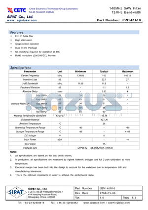 LBN140A10 datasheet - 140MHz SAW Filter 12MHz Bandwidth