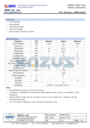 LBN140A41 datasheet - 140MHz SAW Filter 64MHz Bandwidth