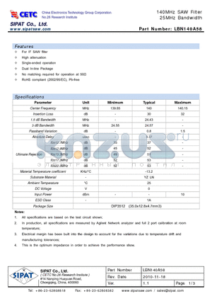 LBN140A58 datasheet - 140MHz SAW Filter 25MHz Bandwidth