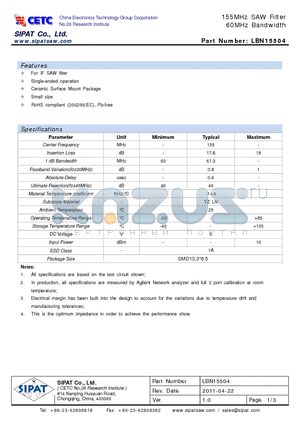 LBN15504 datasheet - 155MHz SAW Filter 60MHz Bandwidth