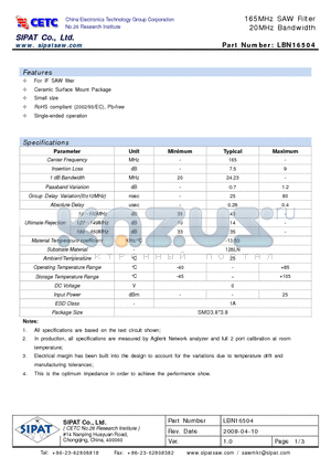 LBN16504 datasheet - 165MHz SAW Filter 20MHz Bandwidth