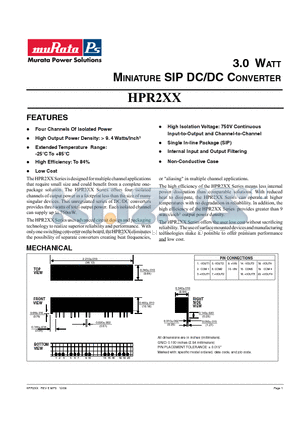 HPR204 datasheet - HPR203 MINIATURE SIP DC/DC CONVERTER