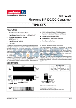 HPR217 datasheet - HPR203 MINIATURE SIP DC/DC CONVERTER