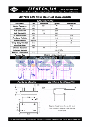 LBN7002 datasheet - SAW Filter Electrical Characteristic