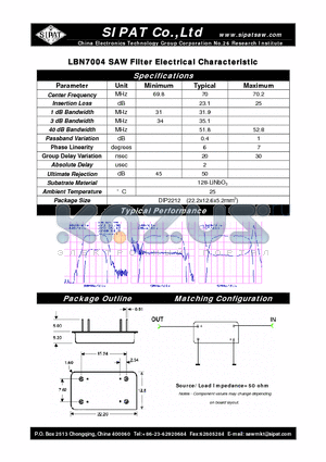 LBN7004 datasheet - SAW Filter Electrical Characteristic