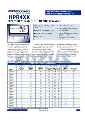 HPR412 datasheet - 0.75 Watt Miniature SIP  DC/DC Converter