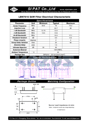 LBN7016 datasheet - SAW Filter Electrical Characteristic