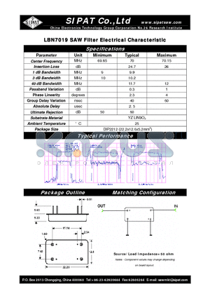 LBN7019 datasheet - SAW Filter Electrical Characteristic