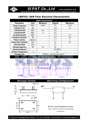 LBN7021 datasheet - SAW Filter Electrical Characteristic