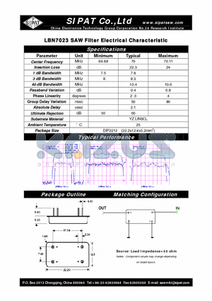 LBN7023 datasheet - SAW Filter Electrical Characteristic