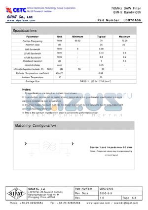 LBN70A06 datasheet - 70MHz SAW Filter 8MHz Bandwidth