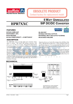 HPR700C datasheet - 5 WATT UNREGULATED SIP DC/DC CONVERTER